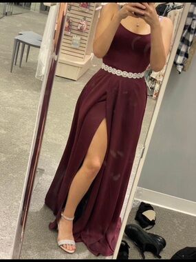 David's Bridal Burgundy Formal Gown with Diamond Belt